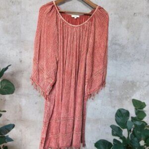 Easel Boho Tassel Caftan Oversized Dress Rust Red Crinkle Rayon Embroidered | S